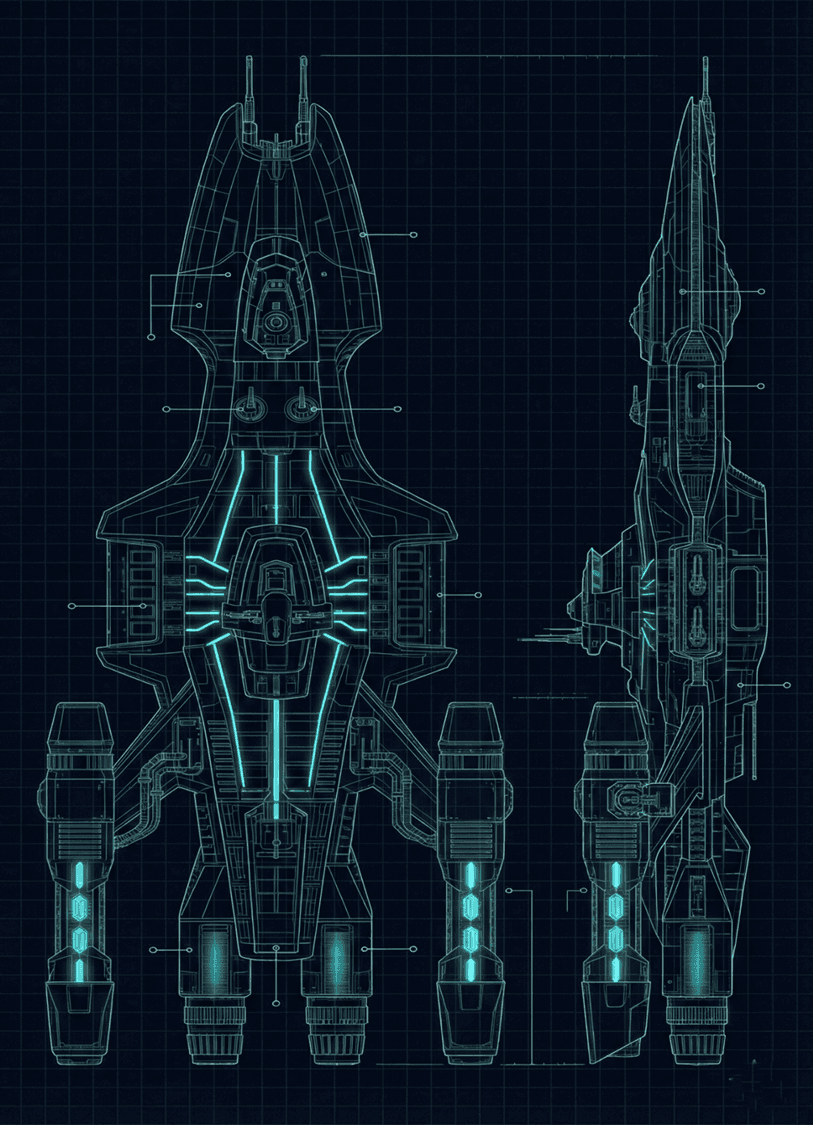 Ship blueprint — top and side view with cyan highlights showing modular retrofit points