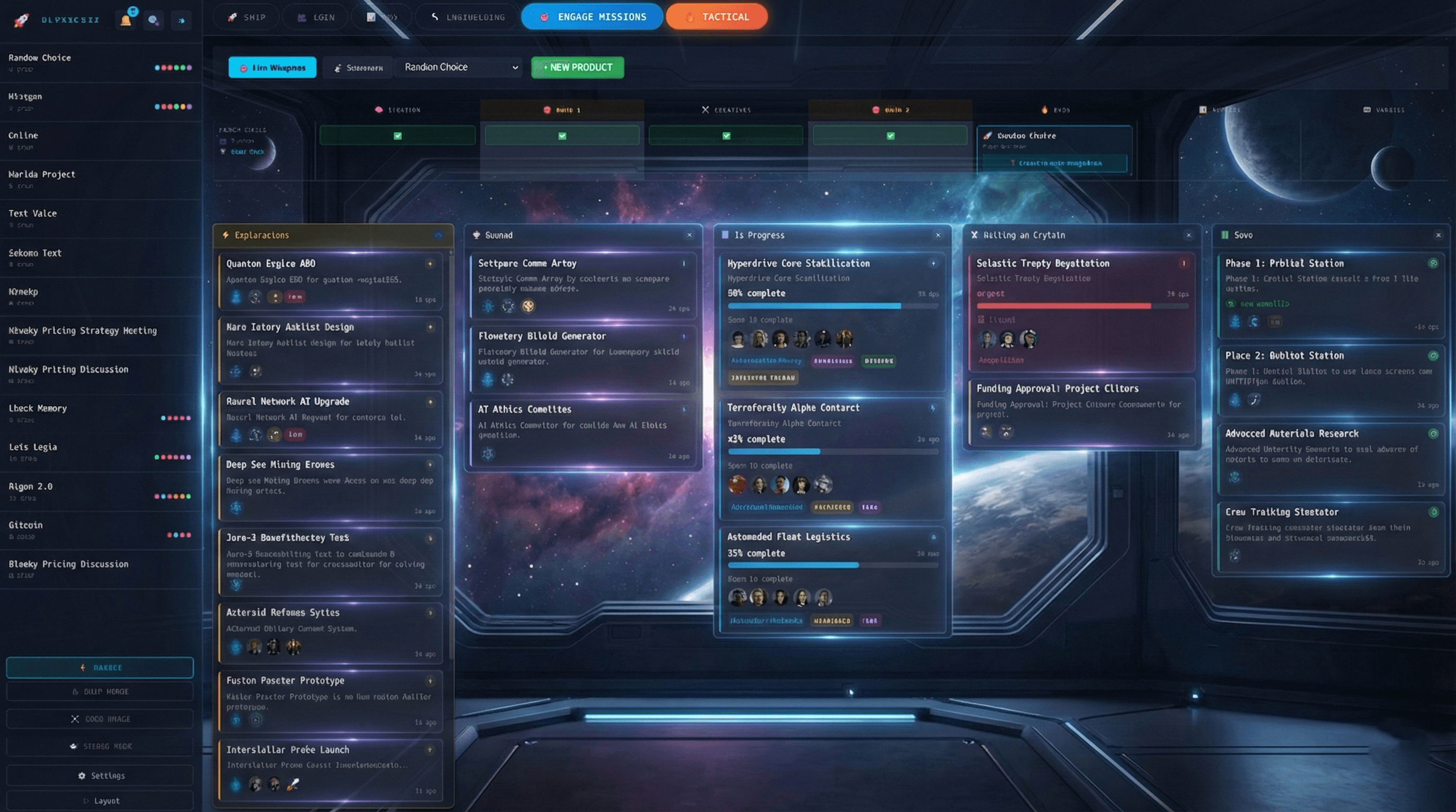 Project command — Kanban board with multiple missions across stages